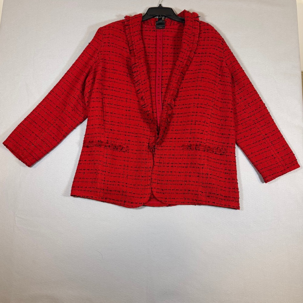Worthington Red Tweed Fringe Open Front Blazer XXL Frayed Trim Professional
